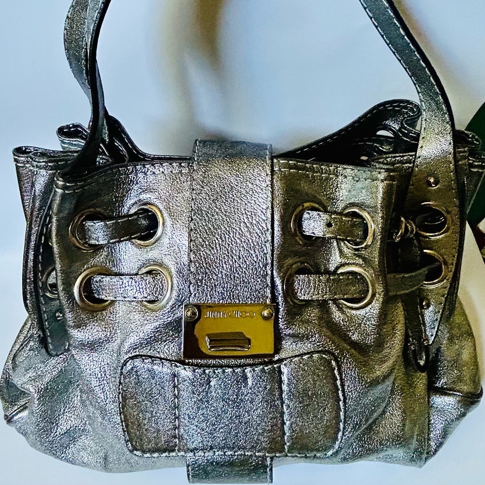 Authentic Jimmy Choo metallic silver leather bag.